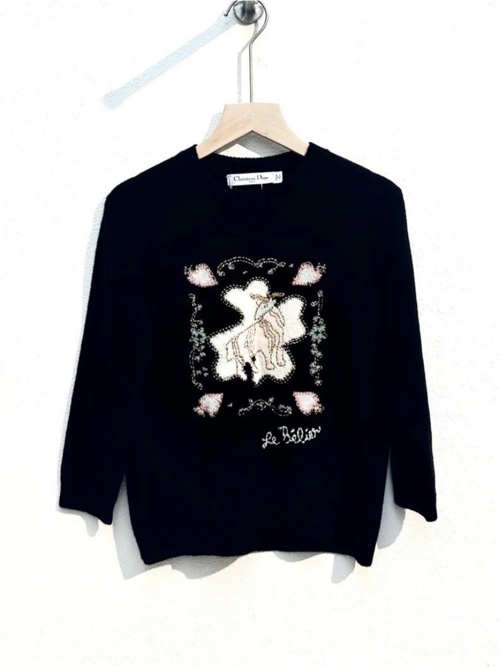 Dior Black Crewneck Sweater with Cream & Pink Embroidery